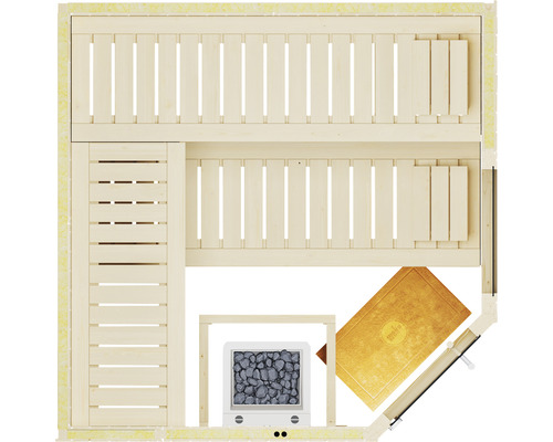 Draufsicht einer Sauna mit Bänken, Ofen und Zubehör