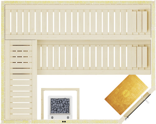 Draufsicht einer Sauna mit Bänken, Ofen und Fußmatte