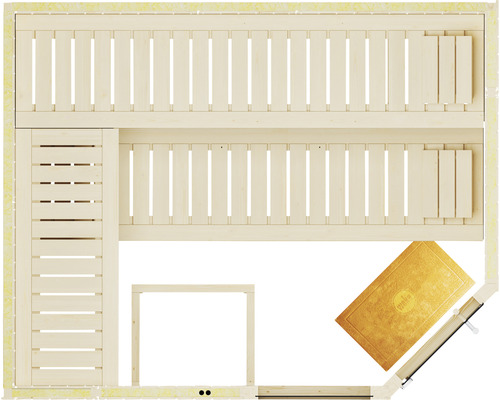 Vue de dessus d''un sauna avec bancs en bois, porte et paillasson.