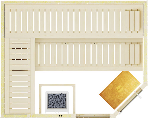 Draufsicht einer Holzsauna mit Bänken, Ofen und Fussmatte