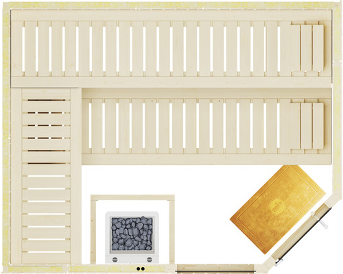 Draufsicht einer Holzsauna mit Bänken, Ofen und Fussmatte.