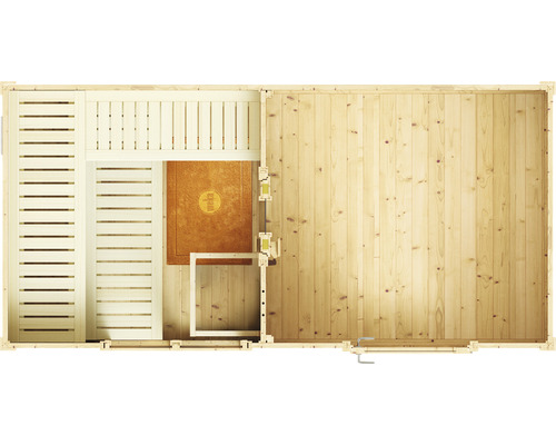 Draufsicht einer Holzsauna mit Bänken und Ofen