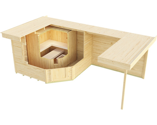 Innenansicht einer Holzsauna mit Bänken