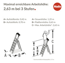 Diagramm einer Trittleiter mit Maßangaben zur maximal erreichbaren Arbeitshöhe und den Abmessungen im aufgebauten Zustand
