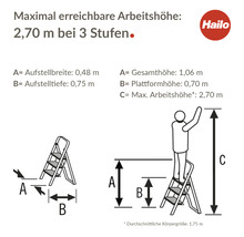 Illustration mit Maßangaben einer dreistufigen Leiter und Hailo Logo
