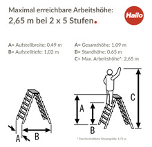 Diagramm einer Hailo Stufenleiter mit Maßangaben und Hailo Logo