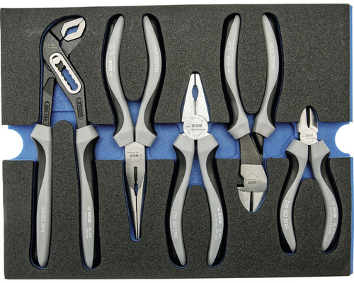 Jeu de pinces WGB avec pince multiprise, pince universelle, pince coupante de côté, pince à bec plat et pince coupante