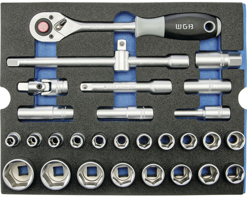 Jeu de clés à douille WGB avec cliquet, rallonges et douilles dans une mallette