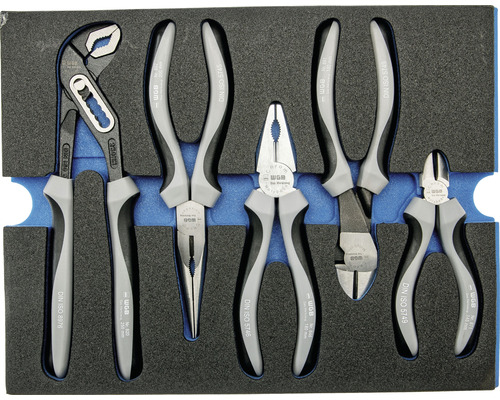 Set de pinces avec pince multiprise, pince universelle, pince coupante de côté, pince à bec effilé et coupe-câble dans une boîte à outils