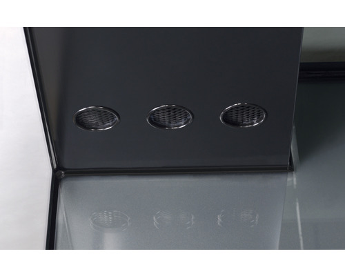 Gros plan d''une hotte de cuisine avec des lampes rondes