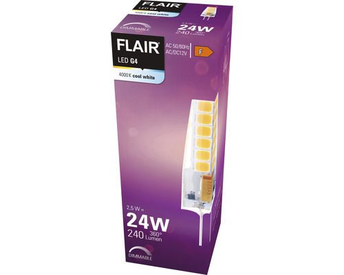 Emballage d'une lampe LED G4 Flair dimmable de 2,5 watts équivalant à 24 watts et 240 lumens