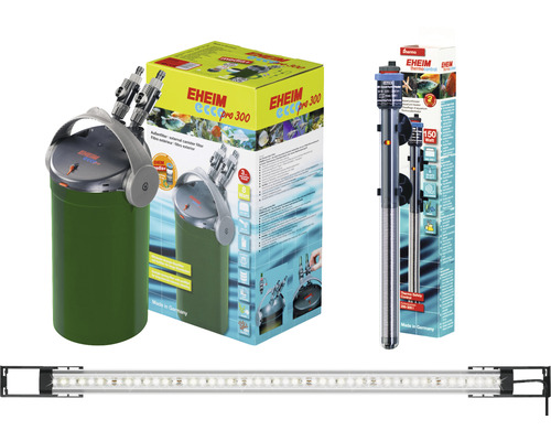 Accessoires pour aquarium : filtre externe, thermoplongeur et lampe LED