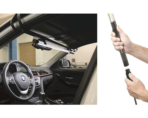 Innenraumansicht eines Autos mit montierter Arbeitsleuchte und Detailaufnahme einer LED-Handleuchte.