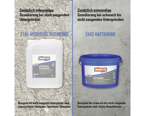 Hydrosol Tiefgrund und Haftgrund von Modulan für unterschiedliche Untergründe