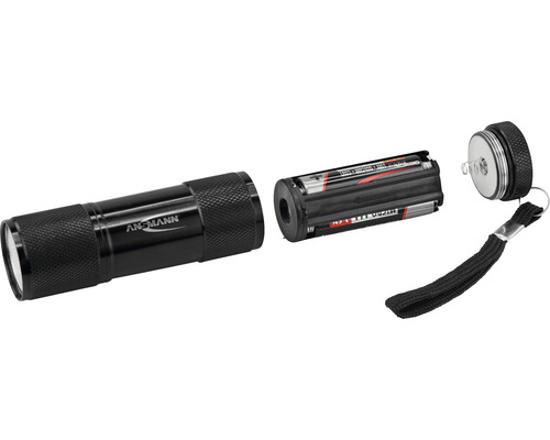 Lampe de poche LED Ansmann démontée avec piles et dragonne