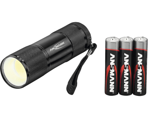 Lampe de poche LED noire avec dragonne et trois piles