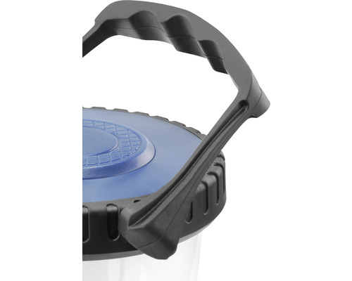 Vue détaillée d''un seau avec couvercle bleu et poignée de transport noire