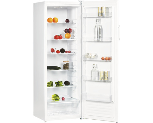 Geöffneter weisser Kühlschrank mit Lebensmitteln auf den Regalen