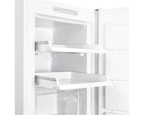 Vue intérieure d''un réfrigérateur avec étagères et compartiment congélateur