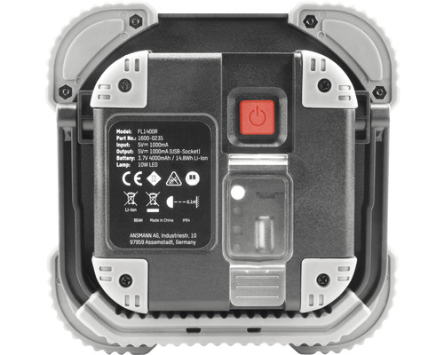 Arrière d''une lampe de travail portative avec données techniques et certifications