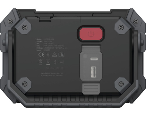 Rückseite einer tragbaren Arbeitsleuchte mit Informationen zu Modell, Batterie und Hersteller.