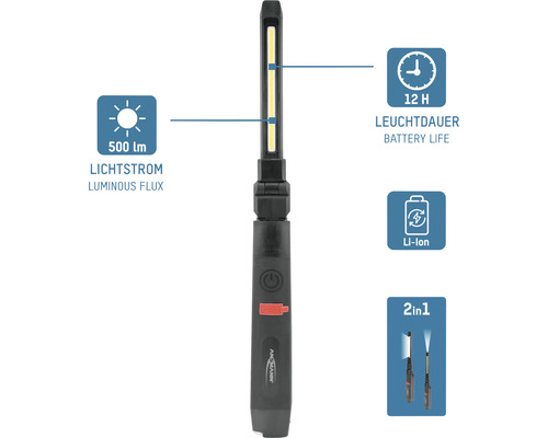 Lampe de travail avec durée d''éclairage, flux lumineux et informations sur la batterie