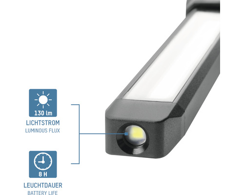Vue détaillée d''une lampe d''atelier LED avec informations sur le flux lumineux et la durée d''éclairage