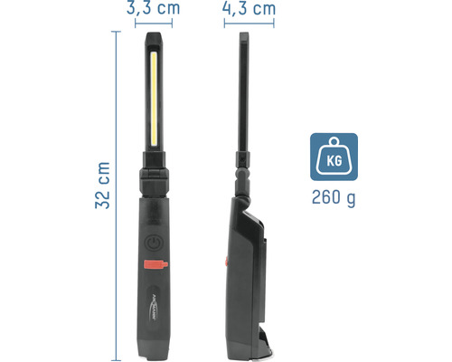 Lampe de travail Ansmann avec des dimensions de 32 cm de long, 3,3 cm de large et 4,3 cm de profondeur, poids 260 g
