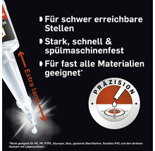 Darstellung eines Klebstoffs mit extra langer Spitze, geeignet für schwer erreichbare Stellen, stark, schnell und spülmaschinenfest, geeignet für fast alle Materialien.