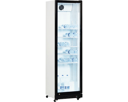 Réfrigérateur à boissons avec porte en verre et plusieurs étagères remplies de bouteilles d''eau.
