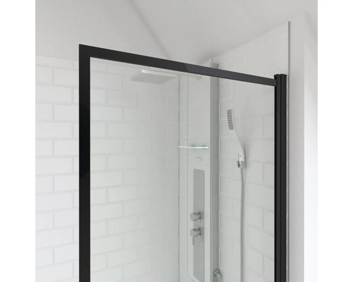 Vue détaillée d''une cabine de douche avec cadre noir et panneau de douche