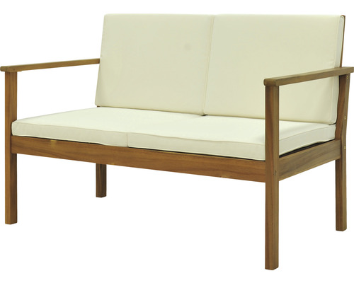 Gartenbank aus Holz mit Sitzkissen für zwei Personen