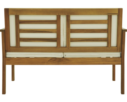 Gartenbank aus Holz mit Sitzkissen und Rückenlehne