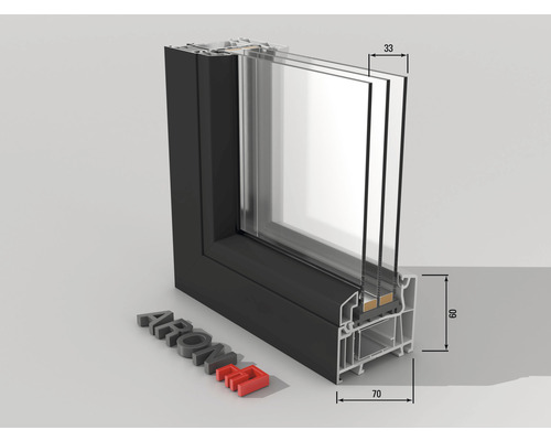Profilé de fenêtre avec triple vitrage et indications de dimensions