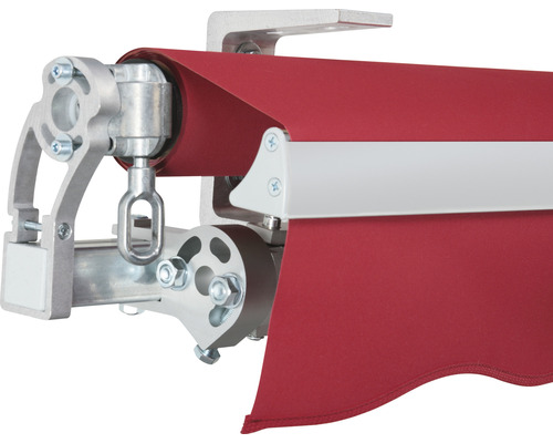 Detailansicht einer Markise mit Aluminiumkomponenten und Stoff