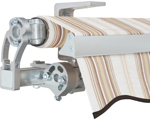 Vue détaillée d''un store banne à rayures avec supports argentés.