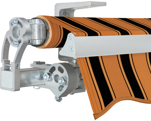 Vue détaillée d''un store rayé avec support argenté.