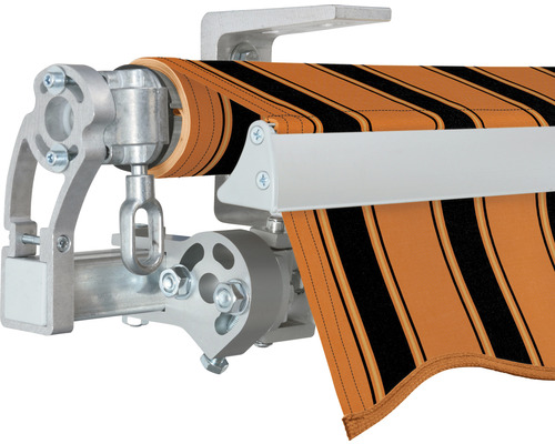 Vue détaillée d''un store banne à bras articulés avec toile rayée et structure en aluminium