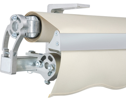 Vue détaillée d''un store banne avec cadre en métal et tissu