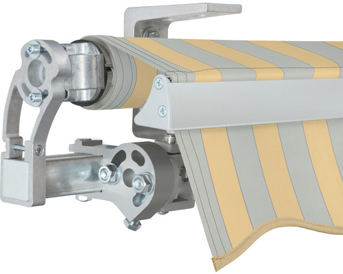 Detailansicht einer Markisenkonstruktion mit Streifenmuster