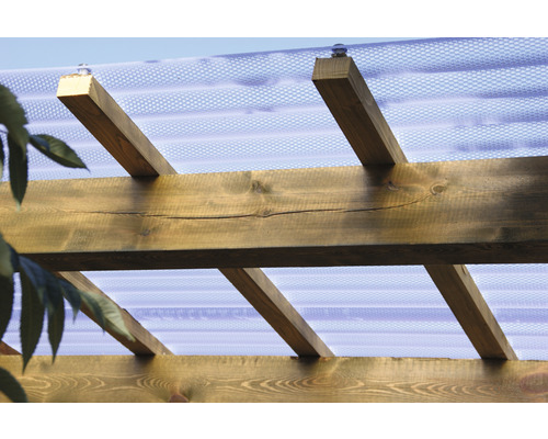 Detailansicht einer Holzpergola mit transparenter Bedachung