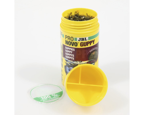 Boîte de nourriture pour poissons JBL Pro Novo Guppy avec couvercle ouvert