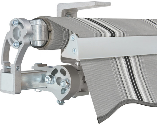 Vue détaillée d''un store banne à bras articulé avec motif rayé