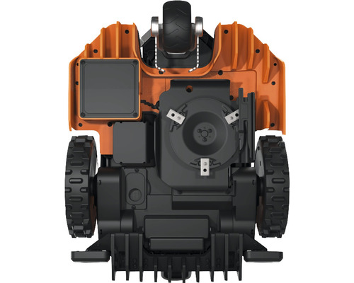Unterseite eines Rasenmähroboters mit Messern und Rädern