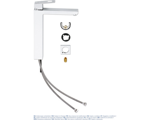 Robinet de lavabo en vue de dessus avec accessoires de montage et flexibles de raccordement.