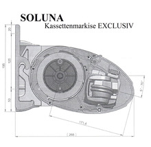 SOLUNA Kassettenmarkise Exclusiv 5x3 Stoff Dessin 320234 Gestell E6EV1 silber eloxiert Antrieb links inkl. Motor und Wandschalter