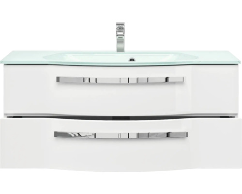 Meuble sous-lavabo avec deux tiroirs, vasque à poser et robinet