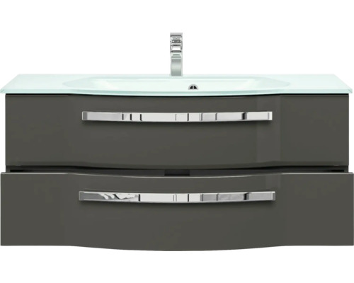 Waschtischunterschrank mit zwei Schubladen, Glasplatte und Armatur