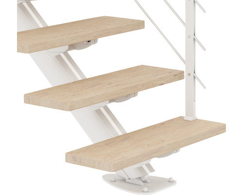 Vue détaillée d''un escalier avec marches en bois et rampe blanche.