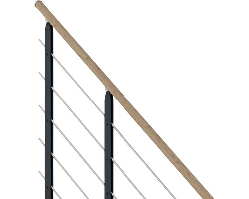 Vue détaillée d''une balustrade avec main courante en bois et câbles en acier inoxydable